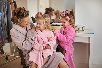 Image showing Fashion, hair and mother with children in wardrobe for dressing, getting ready and choose outfit. Family, beauty and mom and young girl with clothing, style and makeover for bonding, fun or cosmetics