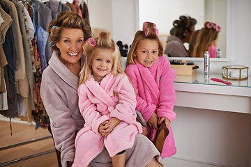 Image showing Fashion, hair and portrait of grandmother with children in wardrobe for dressing, makeover and outfit. Family home, happy and grandma and young girls with clothing for bonding, love and cosmetics