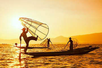 Image showing Traditional Burmese fisherman at Inle lake Myanmar