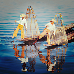 Image showing Traditional Burmese fisherman at Inle lake Myanmar