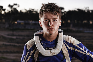 Image showing Sports, mud and portrait of man biker on offroad in gear for race, challenge or competition. Serious, adventure and face of male athlete motorcyclist with dirt at action motorcross rally outdoor.