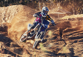 Image showing Person, dirt track and professional motorcyclist on bike for extreme sports, competition or outdoor race. Expert rider on motorbike or scrambler for sand course, challenge or off road rally in nature