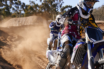 Image showing People, race and professional motorcyclist with dirt bike for extreme sports or outdoor competition. Expert rider, friends or team on motorbike, training or sand course for off road rally challenge