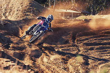 Image showing Person, motorbike and professional motorcyclist in extreme sports for competition on outdoor track. Expert rider on dirt bike or driving for sand course, challenge or off road rally track in nature