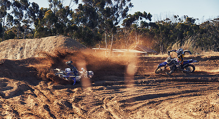 Image showing Sport, motorcycle and people with speed for fitness, competition and challenge on nature path. Action, motorbike and athlete for adventure, performance and helmet in Australia off road track.