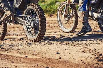 Image showing People, sport and motorcycle in nature for training, challenge and race on sand path. Professional, adventure and motorbike for freedom, competition and adrenaline on Massachusetts off road track.