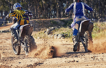 Image showing Sport, racer and motorcycle in action for competition on dirt road with performance, challenge and adventure. Travel, motorbike or dirtbike driver with helmet on offroad course or path for racing