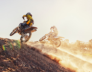 Image showing Hill, racer and motorcycle in action for competition on dirt road with performance, challenge and adventure. Motocross, motorbike and dirtbike driver with stunt on offroad course and path for racing
