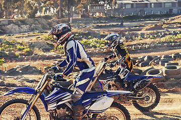 Image showing Sport, racer and motorcycle on track for competition on dirt road with performance, challenge and adventure. Motocross, motorbike or dirtbike driver with helmet on offroad course or tyres for racing