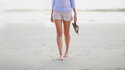 Image showing Legs, walking and beach relax for vacation for holiday weekend or tropical island, summer or wellness. Person, barefoot and sand at Florida ocean for explore adventure or peaceful, resting or calm