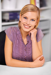 Image showing Pride, smile and portrait of woman in office with positive, good and confident attitude for career. Professional, admin and face of happy young female receptionist from Canada by desk in workplace.