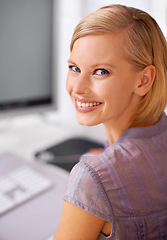 Image showing Portrait, businesswoman and smile with computer at office, workspace and desk for business, career and employment. Female person, entrepreneur and broker in banking, financial and economical