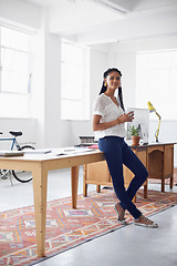 Image showing Black woman, inspiration and morning in office with ideas for interior design, renovation and startup for project. Female person, thinking and creativity for small business and confident with coffee