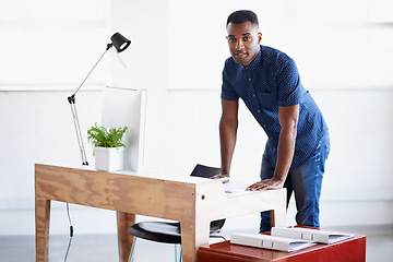 Image showing Man, portrait and writing notes at desk, employee and ideas in journal for inspiration in creative business. Black male person, notepad and planning for startup company, accountant and info in office