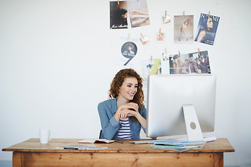 Image showing Happy, woman and reading on computer for ideas, development or planning of online magazine or creative project. Visual editor, worker or graphic designer thinking of business website and social media