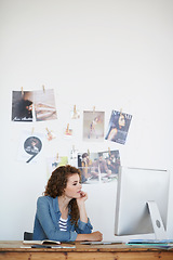 Image showing Business, woman and computer with ideas, brainstorming or planning for online magazine or creative project. Young worker, visual editor or graphic designer thinking with website and social media