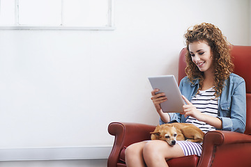 Image showing Happy woman, tablet and relax with dog on couch and reading ebook on weekend to browse social media. Young lady, scroll and touchscreen for online video with pet and care for chihuahua in living room