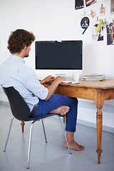 Image showing Business man, working and blank computer screen in home office for productivity and online research on creative project. Journalist, writing or editing on keyboard or remote work for digital magazine