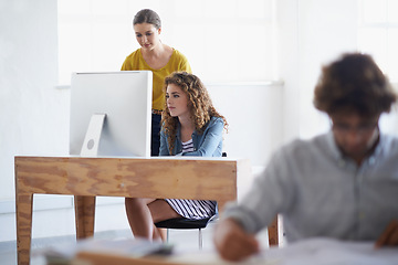 Image showing Business women, computer and collaboration in office with online research and connectivity for project in writing. Teamwork, technology or professional in editing or productivity for digital magazine