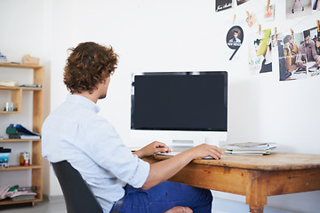 Image showing Business man, monitor and computer screen for mockup in home office for productivity and research on creative project. Journalist, writing or editing on keyboard or remote work for online magazine