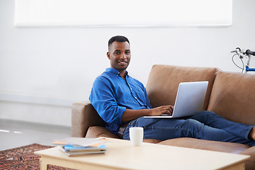 Image showing Man, laptop and internet for remote work in portrait, freelancer and copywriting at home. Black male person, online and plan on tech or connection for website, information and research for article