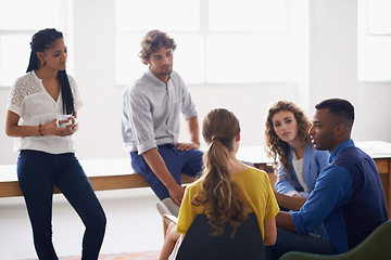 Image showing Journalist people, talk and planning in discussion, office and research for articles. Diverse, colleagues and business team for career, startup and brainstorm at agency and publish creative idea