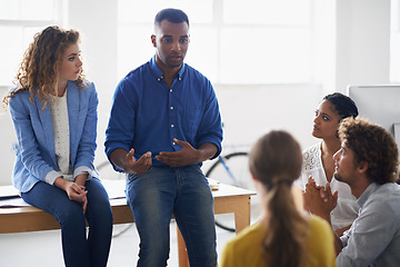 Image showing People, collaboration and planning in creative business, problem solving and communication for ideas. Employees, diversity and designers in meeting for project, cooperation and support in teamwork