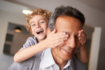 Image showing Portrait, grandfather and boy with piggyback and smile for multiracial, family and bonding together. Happy, mature man and male grandchild with hug for laugh, cheerful and fun babysitting at home