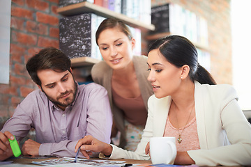 Image showing Team, paperwork and business people in discussion, planning or designers brainstorming ideas for media in startup. Collaboration, employees and creative group in conversation for office in meeting