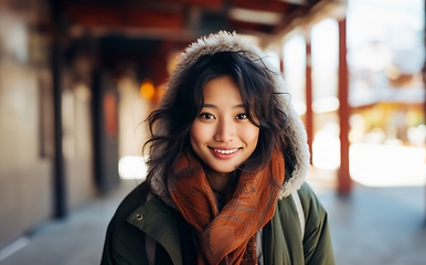 Image showing A beautiful Chinese woman exudes elegance as she poses for a portrait, donning a stylish jacket, capturing the serene charm of a snowy day with cultural grace