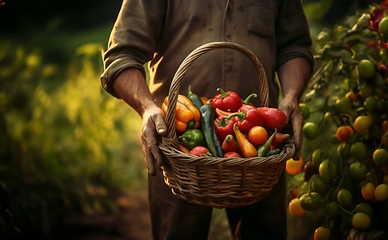 Image showing In the hands of seasoned farmers, a diverse array of freshly harvested vegetables fills the rustic charm of their countryside basket