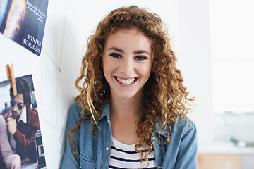 Image showing Confident, happy and portrait of woman photographer in office planning project with magazine board. Smile, career and female person working with photographs for creative startup business in workplace