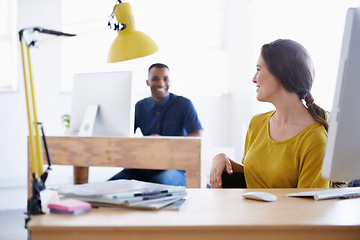 Image showing Colleagues, office and working on computer, smile and in work space. Collaboration, journalist or writer at newspaper company, technology and magazines with communication between news bloggers