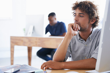 Image showing Thinking, businessman and graphic designer with hand on chin, planning and vision for thought. Contemplate, entrepreneur in office or workplace and ponder, doubt and reflecting for idea at desk