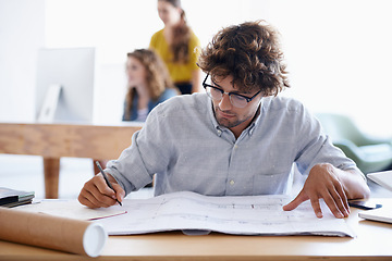 Image showing Paper, desk and architect with blueprint in office for writing, planning and building design. Project, man and construction plan on table with thinking for idea, vision and property development