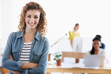 Image showing Happy woman, confidence or portrait of designer in creative studio for project, internship or small business. Smile, arms crossed or proud worker ready for entrepreneurship career, startup or office