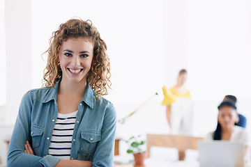 Image showing Happy woman, portrait or confident designer in creative studio for project, internship or small business. Smile, arms crossed or proud employee in workspace for entrepreneurship career or startup