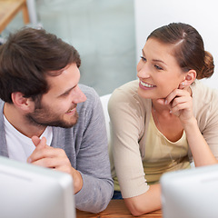 Image showing Creative, brainstorming and man with woman at desk for conversation, and professional work friends. Computer, office or teamwork at online agency with discussion, planning idea and relax together