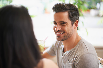 Image showing Smile, love or happy couple on date at restaurant for marriage commitment, anniversary or celebration. Man, woman or honeymoon in Italy, cafe or relationship with care, connection or bonding together