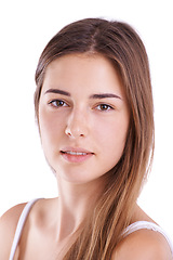 Image showing Portrait, woman and glow for skincare, dermatology and microblading in studio on white background. Cosmetology, moisturizing and and beauty for female person with eyebrows, flawless skin and smile