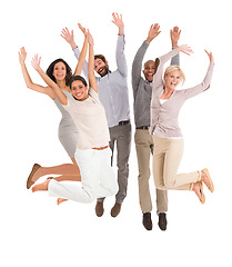Image showing Business, people and team jump in studio for success, winning and achievement with wow, yes or celebration. Portrait of excited accountant or winner group with arms up for goals on a white background