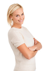 Image showing Portrait, fashion and happy woman with arms crossed in studio for confidence or positive attitude on white background. Face, smile and female model with pride for style, clothes or outfit choice