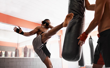 Image showing MMA, kickboxing and man training for competition with personal trainer in gym, sport and practice with warrior. People, fitness and workout for challenge, exercise and person healthy for danger