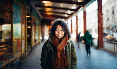 Image showing A beautiful Chinese woman exudes elegance as she poses for a portrait, donning a stylish jacket, capturing the serene charm of a snowy day with cultural grace