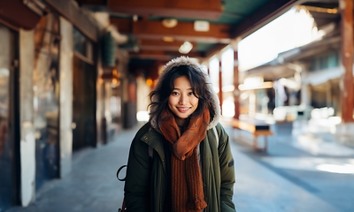 Image showing A beautiful Chinese woman exudes elegance as she poses for a portrait, donning a stylish jacket, capturing the serene charm of a snowy day with cultural grace