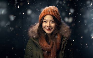 Image showing A beautiful Chinese woman exudes elegance as she poses for a portrait, donning a stylish jacket, capturing the serene charm of a snowy day with cultural grace