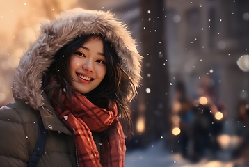 Image showing A beautiful Chinese woman exudes elegance as she poses for a portrait, donning a stylish jacket, capturing the serene charm of a snowy day with cultural grace