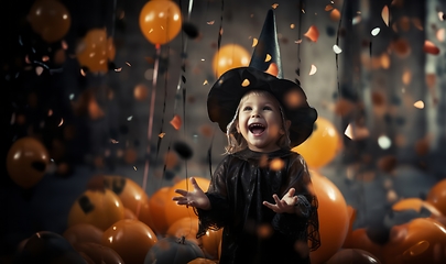 Image showing In a whimsical Halloween scene, a young girl, dressed as a witch, is surrounded by enchanting pumpkins, capturing the magic of the festive night