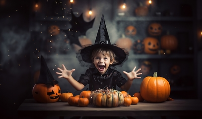 Image showing In a whimsical Halloween scene, a young girl, dressed as a witch, is surrounded by enchanting pumpkins, capturing the magic of the festive night