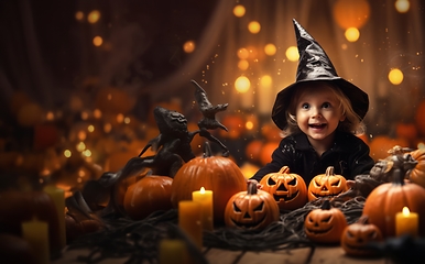Image showing In a whimsical Halloween scene, a young girl, dressed as a witch, is surrounded by enchanting pumpkins, capturing the magic of the festive night